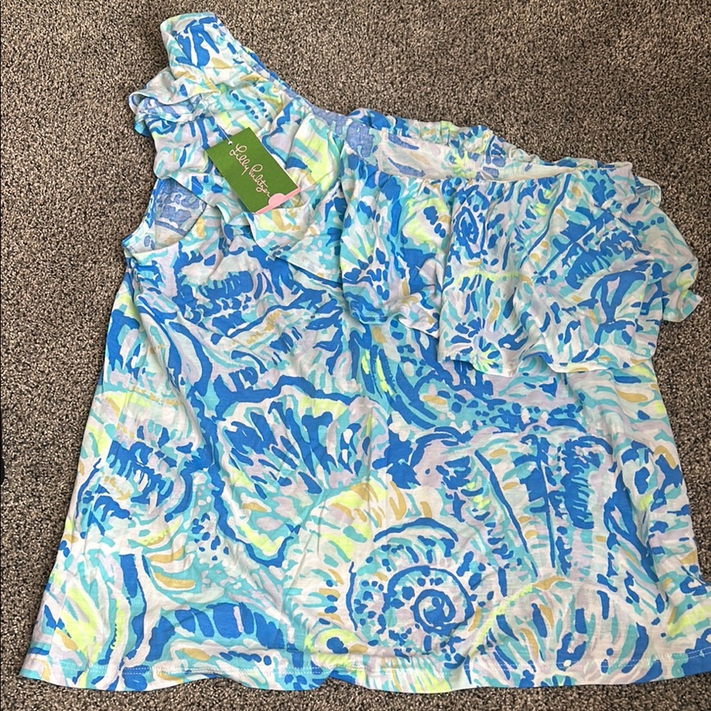 Lilly Pulitzer Blue Ruffled Asymmetrical Blouse